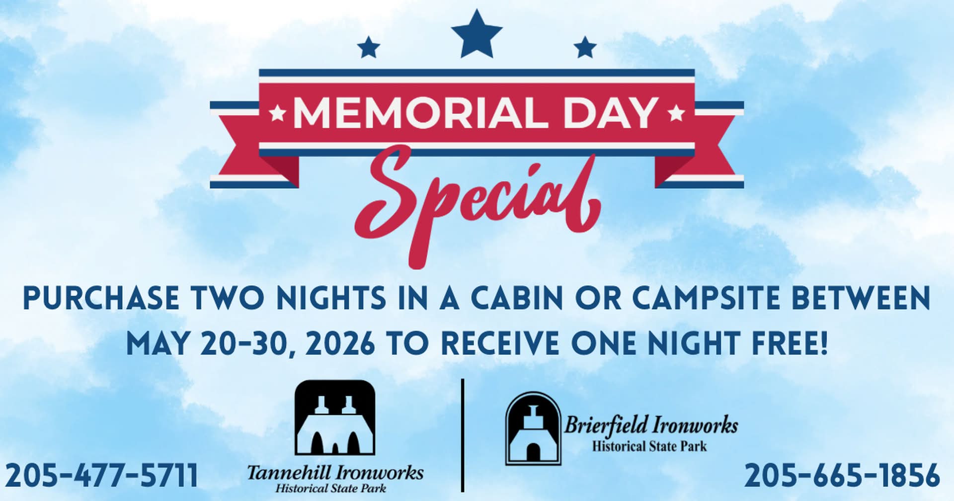 Tannehill Ironworks Park & Brierfield Ironworks Park - Memorial Day 2026 Cabin & Campsite Rental Specials
